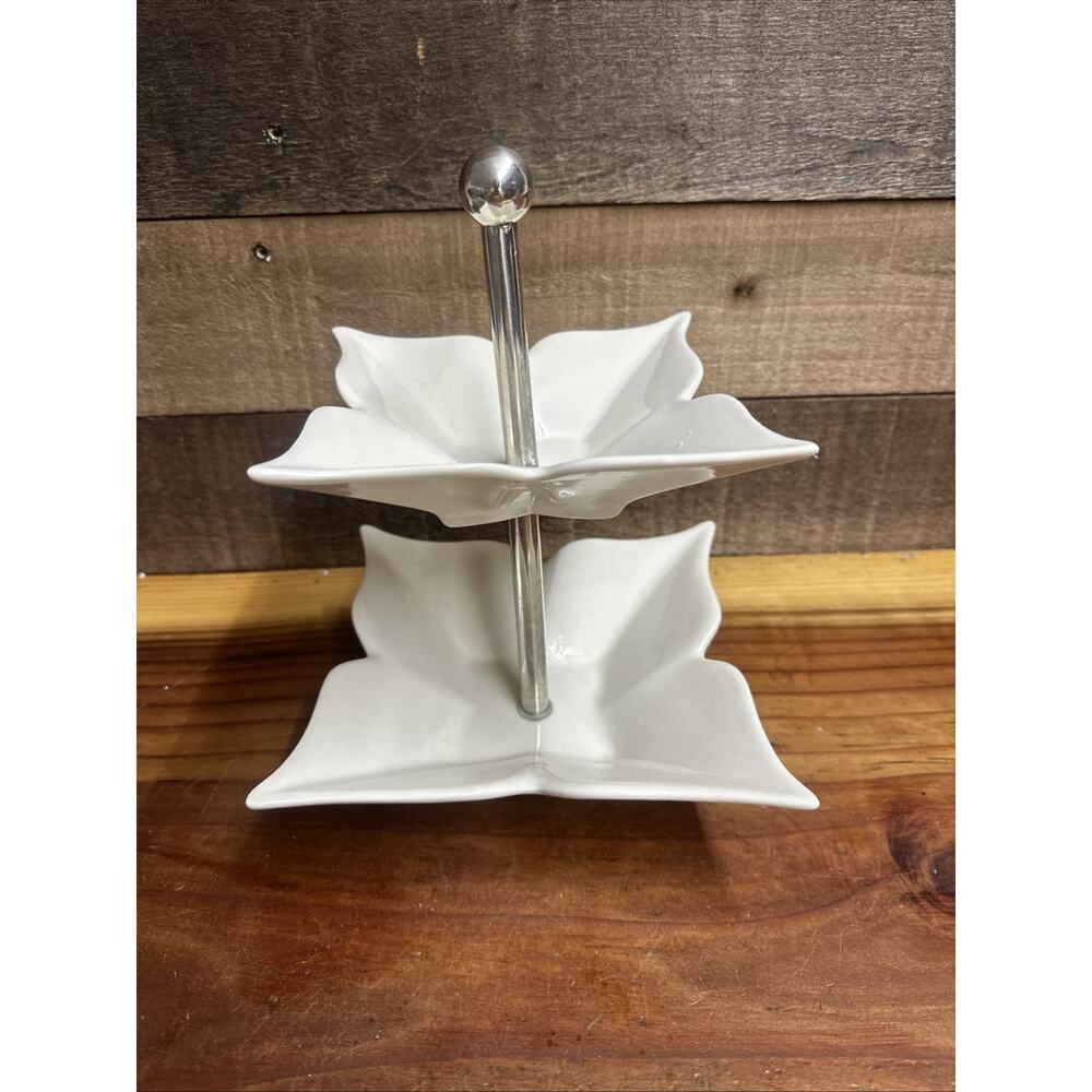Two Tier Dessert Tray Or Trinket Holder Silver Hardware White Flower Like Bowls